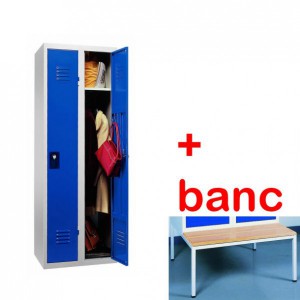 Vestiaire industrie propre monobloc 2 cases avec banc