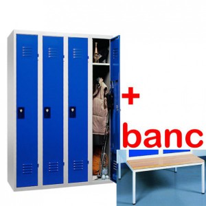 Vestiaire industrie propre monobloc 4 cases avec banc