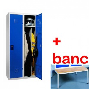 Vestiaire industrie salissante monobloc 2 cases avec banc