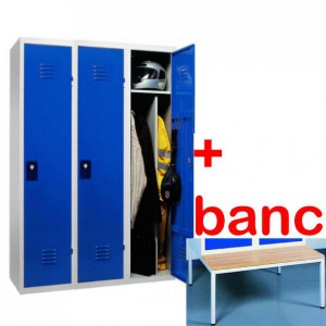 Vestiaire industrie salissante monobloc 3 cases avec banc