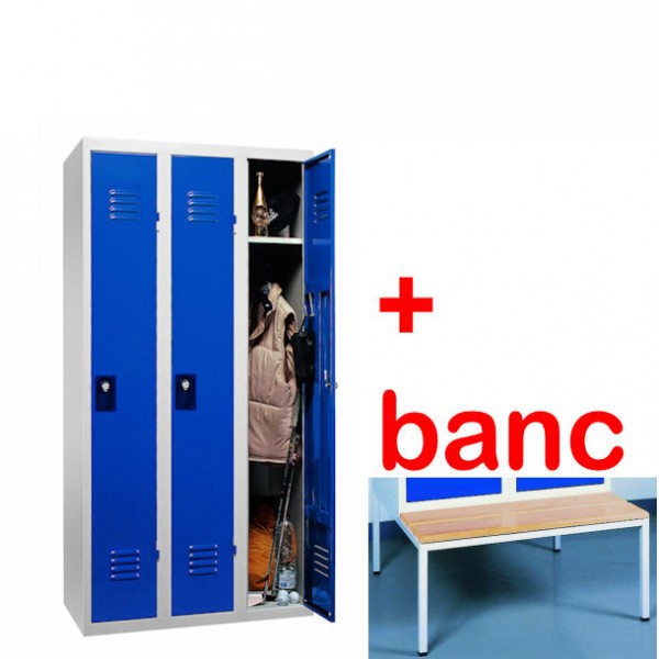 Vestiaire industrie propre monobloc 3 cases avec banc