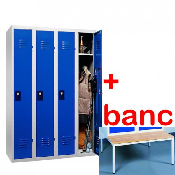 Vestiaire industrie propre monobloc 4 cases avec banc